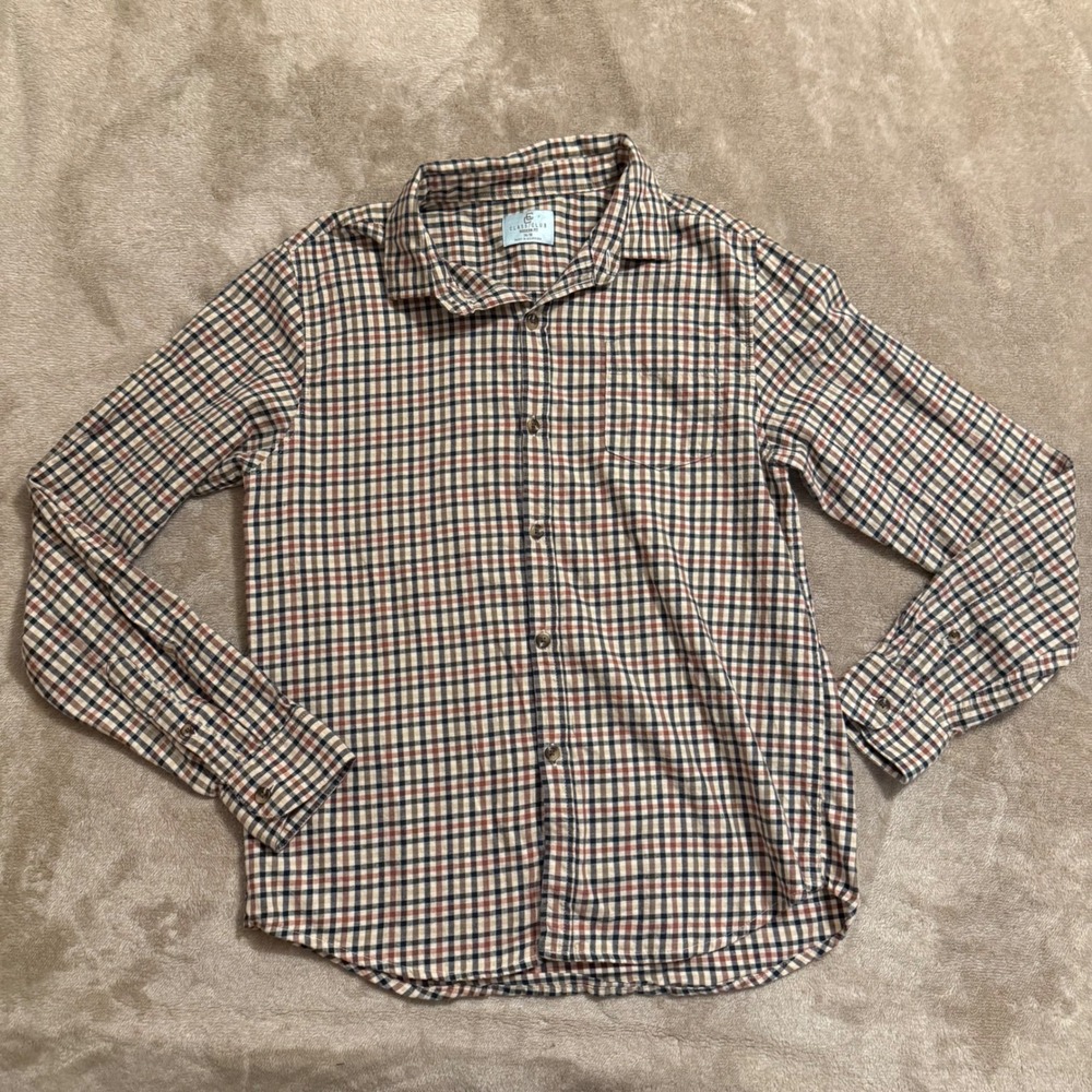 Class Club Boys Modern Fit Flannel Plaid Button Down Shirt Tan Navy 14/16 L